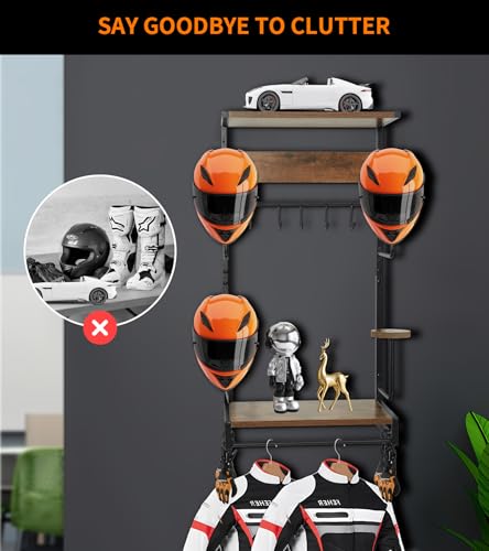 NANXITU Motorcycle Helmet Rack Wall Mount, Retro Rust Helmet Holder with Wood Floating Shelf and Hooks for Storage