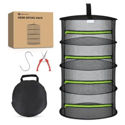 Yesker 4 Layer Herb Drying Rack Hanging Mesh Net Foldable Plant Drying Racks 24" w Green Zipper Pruning Shears Hook Dryer Hanging Rack for Herbs Seed Bud Fruit Clothes Grow Tent Closets Garden Outdoor - size: 4 Layers Fluorescent Green & Black