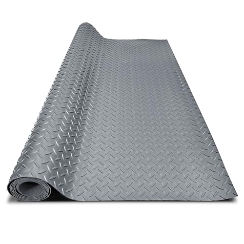 4x8FT Garage Floor Mat, 2.8mm Thickened Flooring Roll for Under Car, Golf Cart Parking Mat, Diamond Plate PVC Rubber Motorcycle Mat, Non-Slip Floor Protector for Garage Warehouse Trailer, Grey - color: Grey, size: 4*8FT