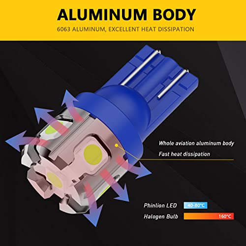PHINLION 194 168 LED Bulb Ice Blue Super Bright 2825 W5W T10 Wedge 6-SMD 3030 Chipsets LED Replacement Bulbs for Car Interior Dome Map Parking Trunk Door Courtesy License Plate Lights - color: Ice Blue