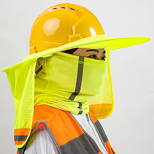 TCCFCCT Hard Hat Sun Shade, Full Brim High Visibility Sun Visor Neck Shield and Bandana Face Scarf with Construction Arm Sleeves, 3 Packs, Yellow - color: Sun Shade 1+bandana 1+sleeves 1pair Yellow