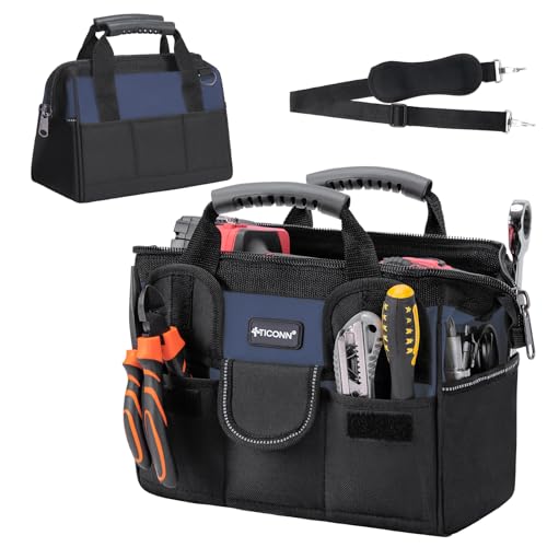 TICONN Heavy Duty Tool Bag with Multi-Pockets, Portable Tool Box Organizer Storage Bag, with Adjustable Shoulder Strap and Ergonomic Handle (Blue, 12" Standard Base) - color: Blue, size: 12" Standard Base