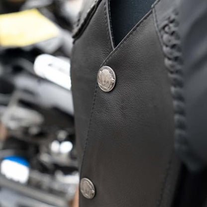 Hot Leathers Men’s Black ‘Buffalo Nickel Snap’ Leather Vest with Side Laces & Braided Detail - color: Vsm1008-black, size: Large