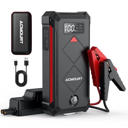 Acmount P100 Car Jump Starter, 5000A Peak Lithium Jump Starter Battery Pack for Up to 10.0L Gas or 8.0L Diesel Engine, Safe 12V Portable Battery Starter Power Pack with LED Screen & LED Light - color: red