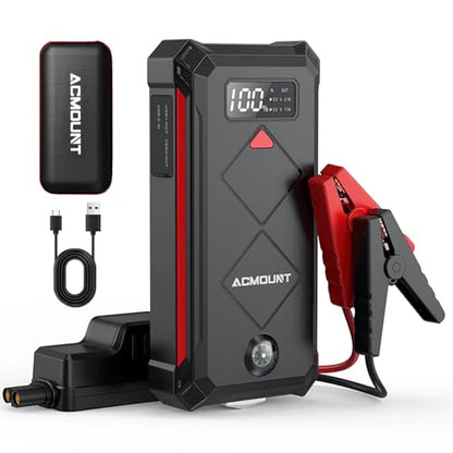 Acmount P100 Car Jump Starter, 5000A Peak Lithium Jump Starter Battery Pack for Up to 10.0L Gas or 8.0L Diesel Engine, Safe 12V Portable Battery Starter Power Pack with LED Screen & LED Light - color: red