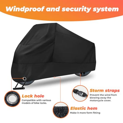 Motorcycle Cover Waterproof: Durable Heavy Duty Motorcycle Cover with Windproof and Security System - Fits up to 104 Inch Large Motorcycle (210D) - size: 210D - 104 Inch