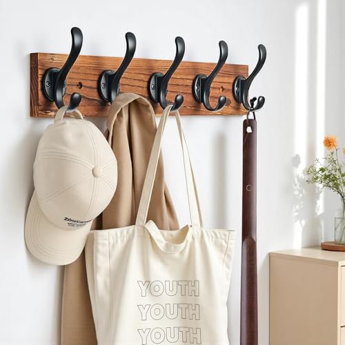 Coat Rack Wall Mount, Pre-Assembled 16" Coat Hooks with 5 Hooks, Heavy Duty Rustic Farmhouse Wood Plank Hooks for Hanging Hat, Clothes, Keys, Jacket, Purse - Door, Entryway, Mudroom - size: Pine wood - black hook