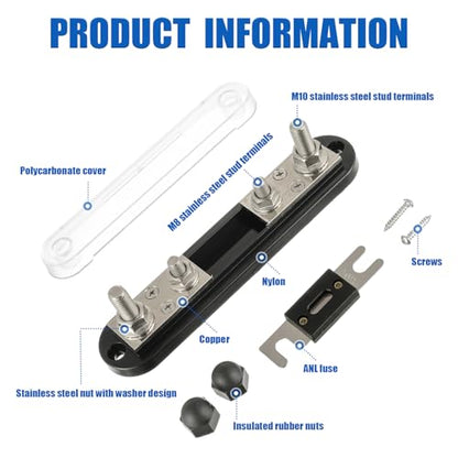 BOJACK ANL Fuse Holder with 500 Amp ANL Fuse, ANL Fuse Block with 2 Pieces 500A ANL Fuse, M10 Stud Terminals Maximum Current 750A, for Trucks, Cars, Ships, etc. - size: 500A