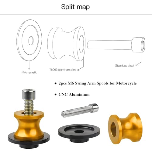 2pcs 6MM M6 X1.5 Motorcycle Swing arm Sliders Spools CNC Swing Arm Stand Screw for Yamaha YZF R1 R3 R6 R25 R1000 (Gold) - color: Gold