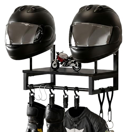 DEWEL Motorcycle Helmet Holder Wall Mount, Rustic Wooden Helmet Rack with 4 Glove Clips, 2 Carabiners & 2 S-Hooks, Motorcycle Gear Organizer for Helmets, Jackets, Gloves, Garage Entryway,Black - color: Black