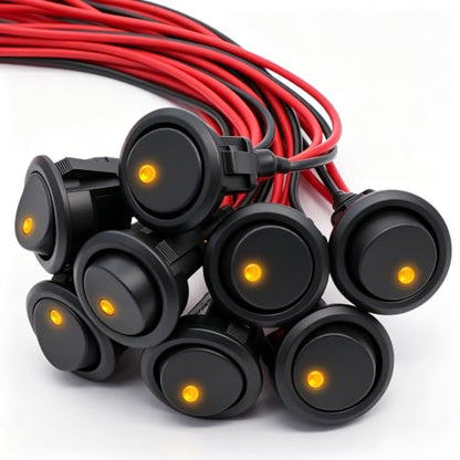 Twidec/8Pcs SPST Round Dot Lighted Rocker Switch Toggle Control for Car Or Boat 20A 12V DC On/Off Yellow LED Light with Pre-soldered Wires KCD2-102N-Y-X - color: Yellow LED-Round