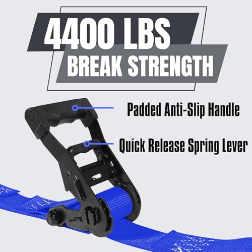 Ratchet Tie Down Straps, 1.5 inch x 12ft, 4400 LBS Break Strength for ATV, UTV, Motorcycle, Pickup Truck, Trailer, Rubber Coatded S-Hook and Soft Loop-4 Pack - color: Blue