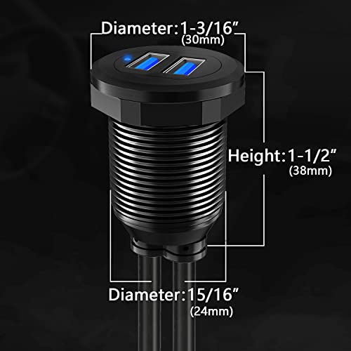 Alloy Dual Port USB 3.0 Car Dashboard Flush Mount Cable, Male to Female with LED Indicator Extension Cable for Car Truck Boat Motorcycle Dashboard Panel 1ft - style: Dual Port 1ft