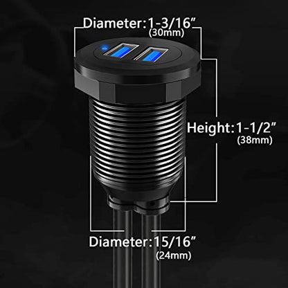 Alloy Dual Port USB 3.0 Car Dashboard Flush Mount Cable, Male to Female with LED Indicator Extension Cable for Car Truck Boat Motorcycle Dashboard Panel 1ft - style: Dual Port 1ft