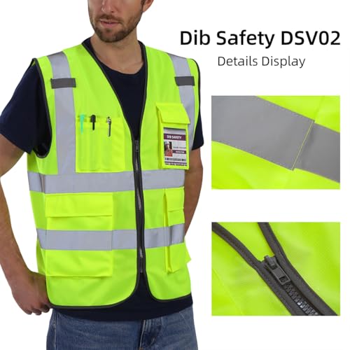 Dib Safety Reflective Safety Vest for Men Women, High Visibility Vest with Pockets and Zipper, ANSI Class 2 - color: Yellow, size: Large