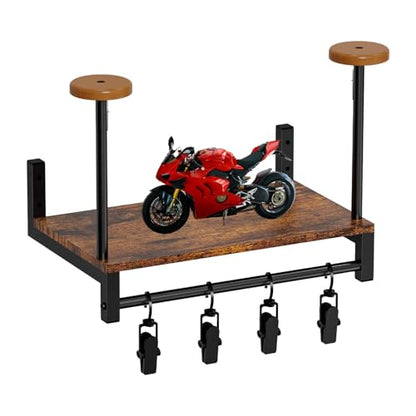 Hat Rack Wall Mount - Hat Holder Wall Hanger - Organizer with 4 Clips, Safety Hanger Display Stand, Wooden Storage Rack for Jacket, Gloves, Motorcycle Accessories