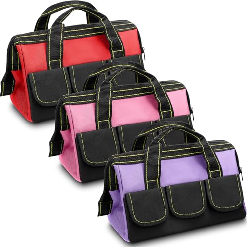 Sanwuta 3 Pack Tool Bag for Men with Waterproof Hard Bottom, Heavy Duty Tool Bag Wide Mouth Tote for Various Instrument, Electrician Carpenter Mechanic(Red, Pink, Light Purple,13 Inch,Classic) - color: Red, Pink, Light Purple, size: 13 Inch, style: Classi