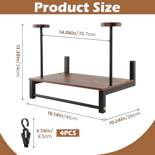 Motorcycle Helmet Holder Wall Mount, 2 Helmet Stands with Gear Rail and 4 Detachable Clips, Wood and Metal Helmet Rack, 16.14 x 10.24 x 13.38 in, Includes Storage Bag and Hardware