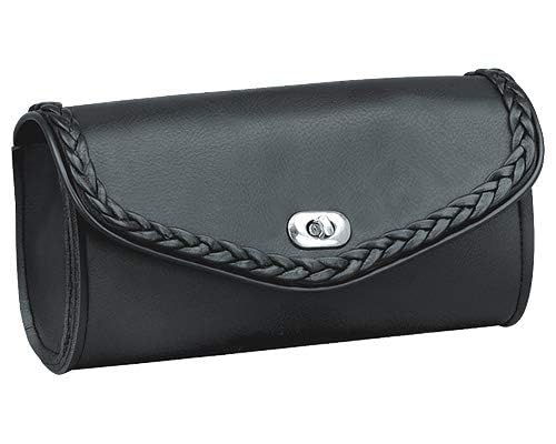 The Nekid Cow Motorcycle Windshield Bag with Braiding and Strong Closure - Classic Black Premium PVC Synthetic Leather - 10" Reinforced (Twist Lock)