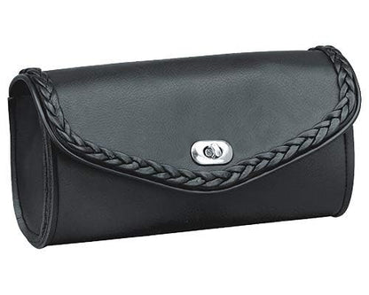The Nekid Cow Motorcycle Windshield Bag with Braiding and Strong Closure - Classic Black Premium PVC Synthetic Leather - 10" Reinforced (Twist Lock)