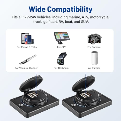 Anina 2pcs RV Dual USB Charger Socket with Cap 12V/24V Car Usb Outlet USB-A Port Panel Wall Surface Mount for Car RV Boat Marine Truck Automotive Motorcycle