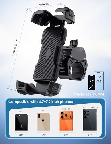 Grefay Bike Phone Holder Mount Motorcycle Phone Holder Handlebar Clamp for Road Bike MTB Scooter with 360 Rotate for iPhone 17/16/15/14/13/12/11 Series Galaxy S9 S10 4.7-7.2 Inch Smartphone