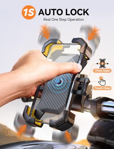 JOYROOM Motorcycle Phone Mount, [1s Auto Lock][100mph Military Anti-Shake] Bike Phone Holder for Bicycle, [10s Quick Install] Handlebar Phone Mount, Compatible with iPhone, Samsung, All Phone, Yellow - color: Yellow