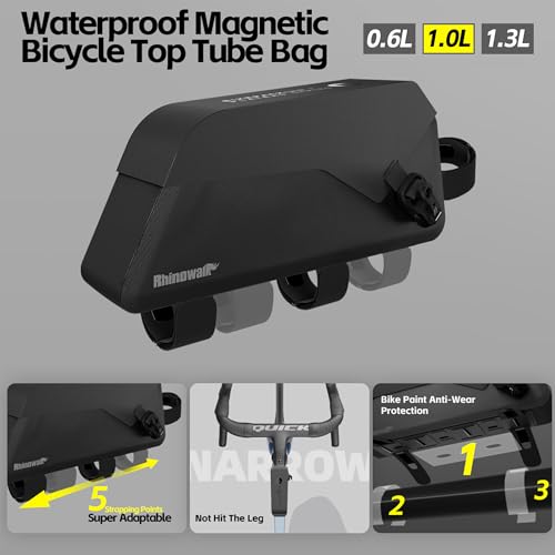 Rhinowalk Waterproof Top Tube Bike Bag IPX4 Magnetic Closure Frame Pack Slim Profile Fits Road Mountain Bike 0.6L - color: Black Toptube Bag, size: 0.6L