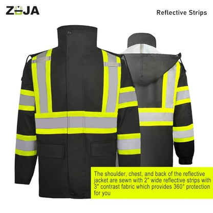KARXICIY ZUJA Hi Vis Reflective Safety Jacket for Men Women Construction Jacket with Hood High Visibility Safety Rain Jacket - color: Black Rain Suit, size: Large