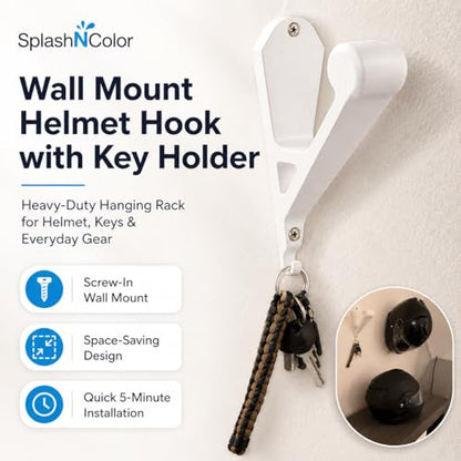 SplashNColor Wall Mount Helmet Hook with Key Holder – Heavy Duty Hanging Rack for Motorcycle Bicycle Hard Hat | Screw-in Entryway Organizer with Built-in Key Hooks | Garage Mudroom