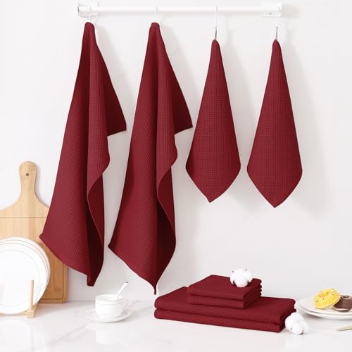 Homaxy 100% Cotton Kitchen Towels and Dishcloths Set, 12 x 12 Inches and 13 x 28 Inches, Set of 12 Bulk Kitchen Towels Set, Ultra Soft Absorbent Dish Cloths for Washing Dishes, Burgundy - color: Burgundy, style: 12-Piece Set