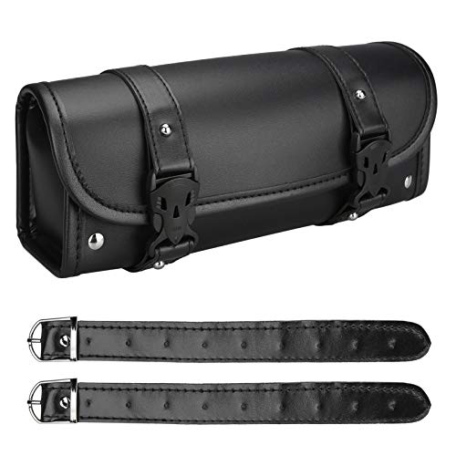 Neween Motorcycle Tool Bag, Motorcycle Fork Bag PU Leather Universal Saddlebag Front Fork Handlebar Sissybar Storage Roll Pouch for Sportster, Scooter (Large, Black) - color: Black, size: Large