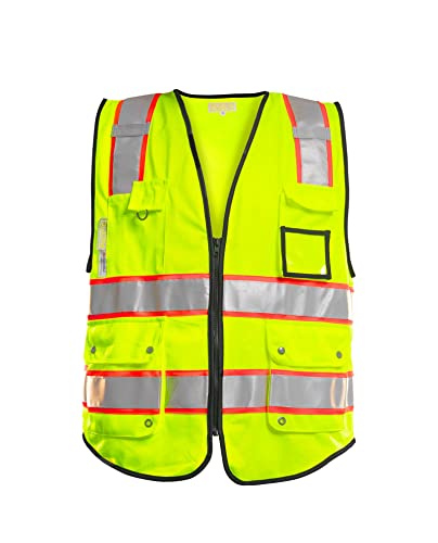 PACIFIC PPE 10 Pockets Safety Vest for Men, 3M High Visibility Reflective Strips with Pockets and Zipper, ANSI Class 2, Yellow, Large - size: Large