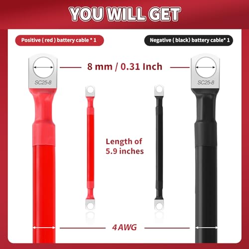 4 AWG Battery Cable 2 Pcs, 5.9 Inch Battery Cables with M8 Ring Terminals, Marine Batterys Cables Pure Copper, Batterys Ground Cable for Motorcycle, Car, Truck, Rv, Boat - size: M8/5.9INCH/4AWG
