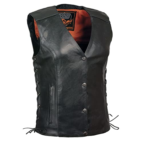 Milwaukee Leather MLL4505 Women's Black Leather Side Lace Motorcycle Rider Vest- Reflective and Studded Black Wings - color: Black, size: 3X-Large