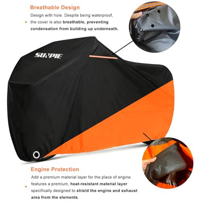 SUNPIE Motorcycle Cover for Sport Bikes Cruiser, All Weather Protection Waterproof Outdoor Covers Fit up to 96.4 inch Motorbike Windproof Design UV Resistant Scratch Proof - size: Motorcycle Cover (96.5 x 41.3 x 55.1 inch)