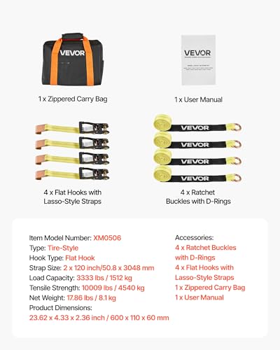 VEVOR Wheel Chock Tie-Down Kit, Tire-Style Motorcycle Tie-Down System, Car Kit with Flat Hook, Break Strength 10009 lbs & Working Load 3333 lbs Trailer Strap for ATVs, SUVs, Trailers - style: Tire-Style with flat hook