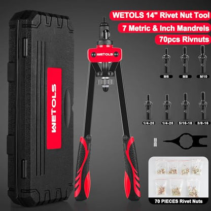 WETOLS Rivet Nut Tool Kit, 14-Inch Rivnut Tool with 7 Metric and SAE Mandrels, Professional Hand Riveter with 70Pcs Rivnuts Assortment Kit, Manual Rivet Nut Gun with Rugged BMC Case - size: 14" rivet nut tool with 7 mandrels