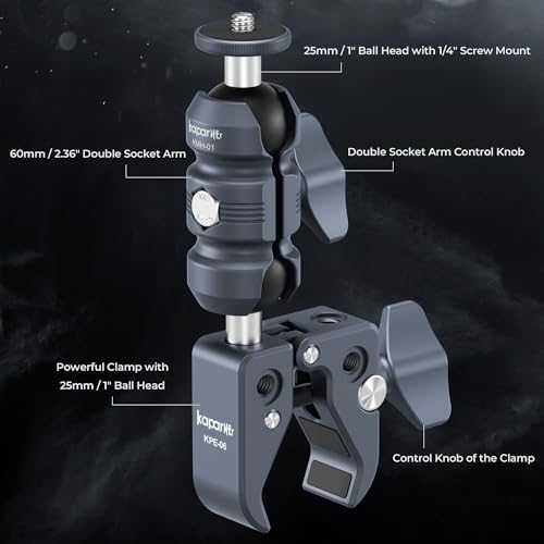 Aluminum Super Clamp Camera Mount, 25mm Ball Head with 1/4" Screw, 360° Rotatable Clamp for DSLR/Action Cameras, Fits 0.5-2" Rods, for Vlogging, Motorcycle (KCB-1) - color: KCB-1 Double Ball Mount Strong Rod Clamp