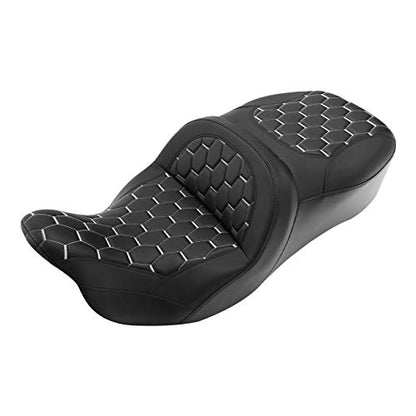 C.C. RIDER Motorcycle Driver Passenger Seat - Fat Diamond Pro 2-Up One-Piece Seat fit for Harley Touring Road King FLHR Street Glide FLHX Road Glide FLTRX 2009-2023 - color: White Stitching