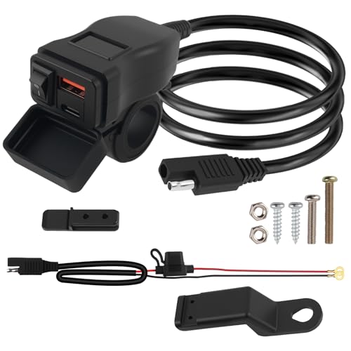 Motorcycle Phone Charger,Dual USB QC + 30W PD Quick Motorcycle USB Charger with Red Voltmeter and ON/Off Switch,SAE to USBs & Type C Motorcycles USBs Port for Tablet,Phone,GPS
