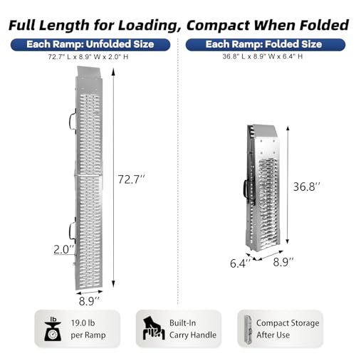 Folding Steel Loading Ramps for Pickup Trucks and Trailers, 970 lb Capacity, Locking Latches, 4 Dual-Hook Ratchet Straps, for Motorcycles, Dirt Bikes and Light ATVs, 72.7 in x 8.9 in, 2 Pack - size: Perforated Surface - 2 Pack - 970 lb