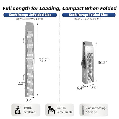 Folding Steel Loading Ramps for Pickup Trucks and Trailers, 970 lb Capacity, Locking Latches, 4 Dual-Hook Ratchet Straps, for Motorcycles, Dirt Bikes and Light ATVs, 72.7 in x 8.9 in, 2 Pack - size: Perforated Surface - 2 Pack - 970 lb