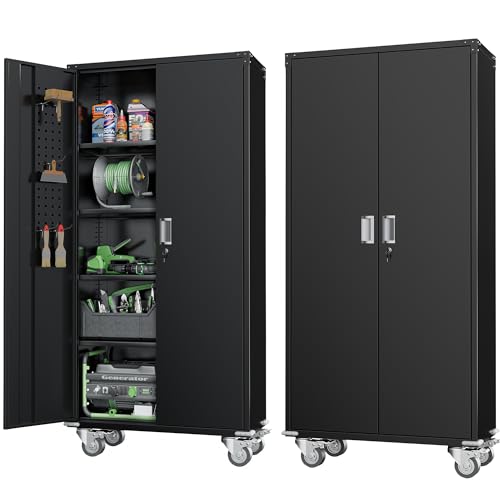 Greenvelly Metal Storage Cabinet with Wheels, 72" Black Garage Rolling Cabinet with Doors and 4 Shelves, Steel Locking Cabinets Tall Tool Lockable Storage Cabinets for Basement, Pantry, Home Office - color: Black, size: 72inch - Wheel