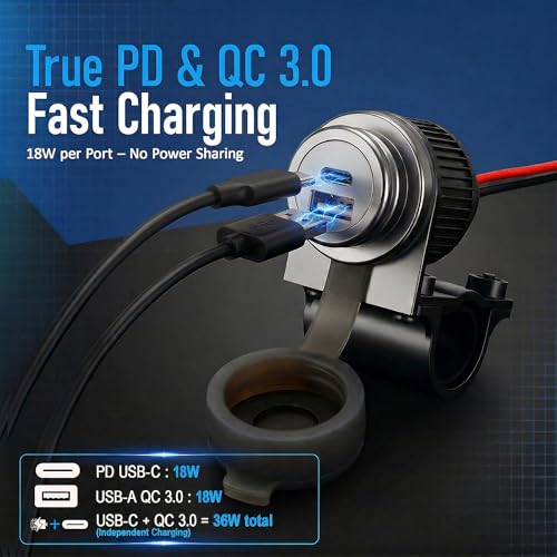 Cliff Top Motorcycle USB Charger Dual USB Port 6A 36W Waterproof Phone Charger with PD USB-C & QC 3.0, Magnetic Power Switch, Heavy Duty, Battery Drain Prevention - size: 6A 36W Dual USB with PD & QC 3.0