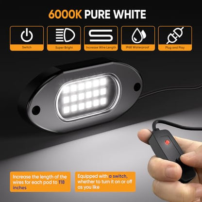 Honalia Pure White Rock Lights for Trucks 12 Pods, 6000K White LED Rock Lights Kits with Switch - color: Pure White, size: 12 Pods