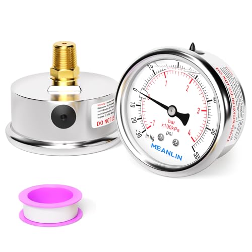 MEANLIN MEASURE -30inHG~60Psi Vacuum Pressure Gauge 1/4" NPT 2.5" FACE DIAL, Stainless Steel Liquid Filled Pressure Gauge WOG Water Oil Air Center Back Mount - size: -15-60Psi