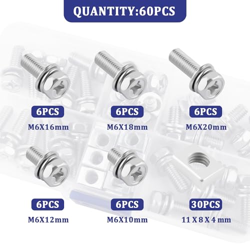 60PCS Motorcycle Battery Bolts and Nuts Kit M6x20/18/16/12/10mm,Stainless Steel Motorcycle Battery Terminal Bolts Kit,Essential Batteries Terminal Nuts for Scooter ATV Bike