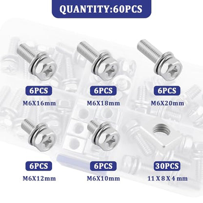 60PCS Motorcycle Battery Bolts and Nuts Kit M6x20/18/16/12/10mm,Stainless Steel Motorcycle Battery Terminal Bolts Kit,Essential Batteries Terminal Nuts for Scooter ATV Bike