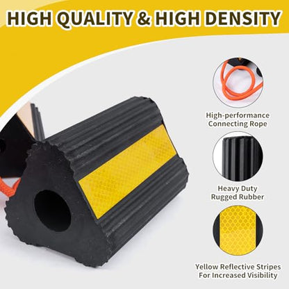 Wheel Chocks for RV Trailer 2 Pair /4pack with Rope & Reflective Strips Rubber Wheel Chocks Heavy Duty Tire Stopper for Camper, Truck, Car, Travel Trailer